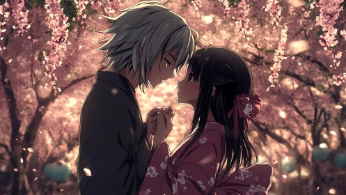 Anime couple under illuminated sakura canopy in twilight hush.