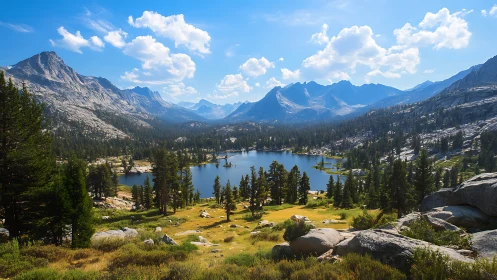 Photorealistic alpine lake vista with conifer foreground framing.