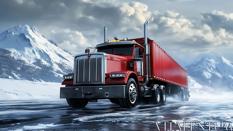 Red semi truck powers across frozen alpine highway.