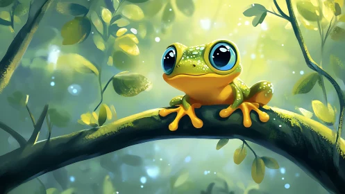 Bright green tree frog with huge eyes on glowing branch.