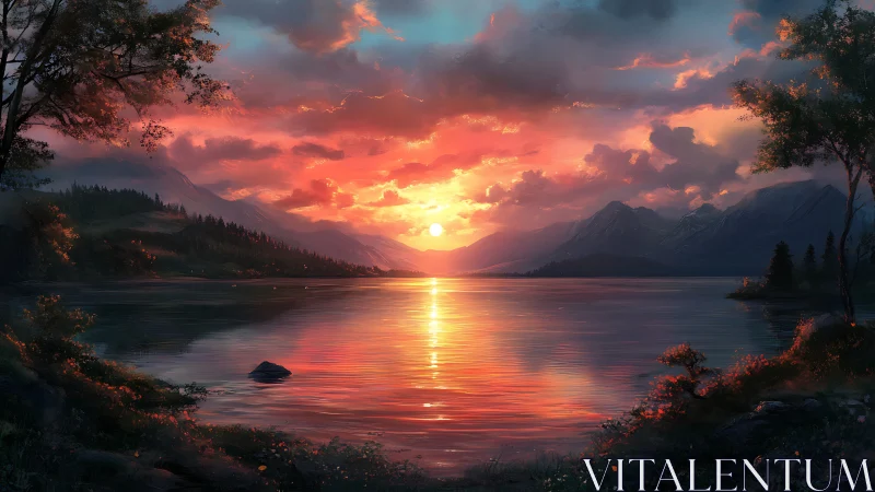 Radiant alpine lake sunset with reflective mountainscape glow