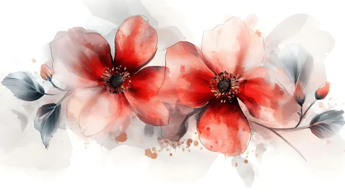 Luminous red poppies rendered with translucent watercolor technique and gestural brushwork.