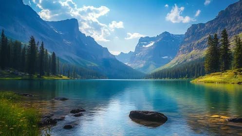 Mountain lake with pine forest and distant snowy peaks.