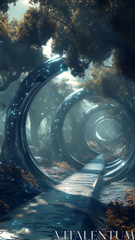 Futuristic rings frame a luminous forest pathway scene.