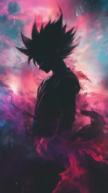 Silhouetted energy warrior in chromatic plasma turbulence.