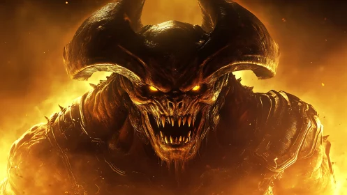 Fierce horned demon emerging from glowing molten flames.