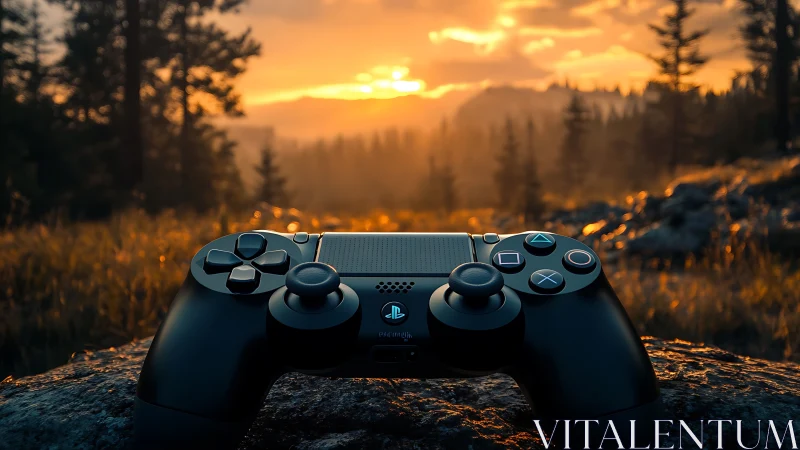 Gamepad at golden-hour trailhead, where pixels meet pines.