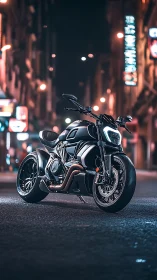 Futuristic street motorcycle glows under neon city lights