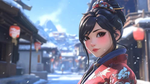Snowy village stroll with a gentle winter kimono smile.