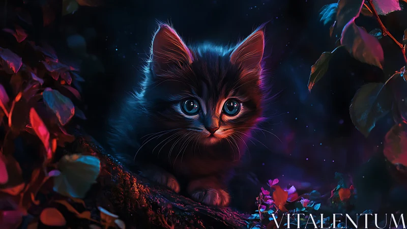 Neon Kitten in Bioluminescent Garden Under Starry Sky