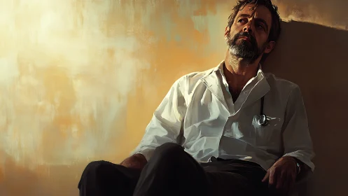 Exhausted doctor sits against warm painted wall, thinking.