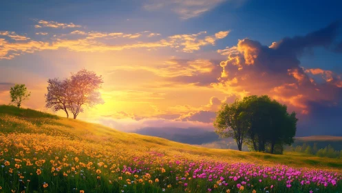 Sunset-illuminated wildflower meadow with distant rolling hills