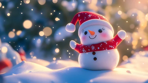 Cheerful snowman in red scarf under glowing winter bokeh.