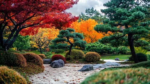 Serene Japanese garden glows with vivid autumn foliage