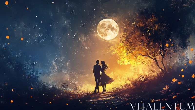 Couple Under Moonlight. Romantic night illuminated by golden glow.