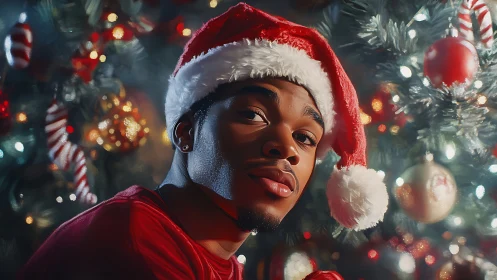 Portrait in red Santa hat amid glowing Christmas lights.