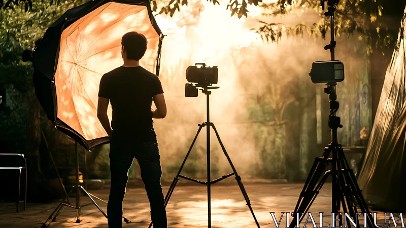 Backlit photographer shapes cinematic outdoor studio scene.