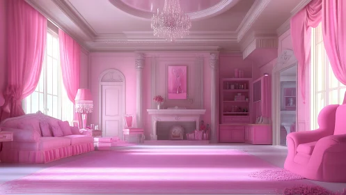 Monochromatic pink neoclassical living room interior design.