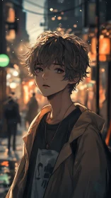 Young person in coat on city street with evening lights.