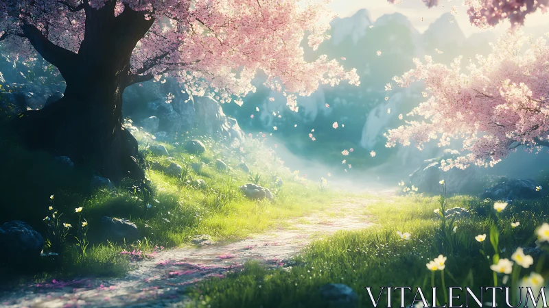 Cherry tree pathway extends through sunlit meadow terrain