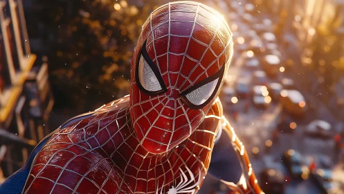 Spider-themed hero close-up over busy city street.