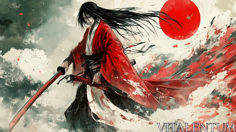 Samurai swordsman in red kimono under rising sun vortex