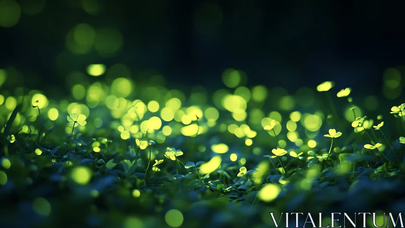 Glowing clover field illuminates dark forest floor at dusk