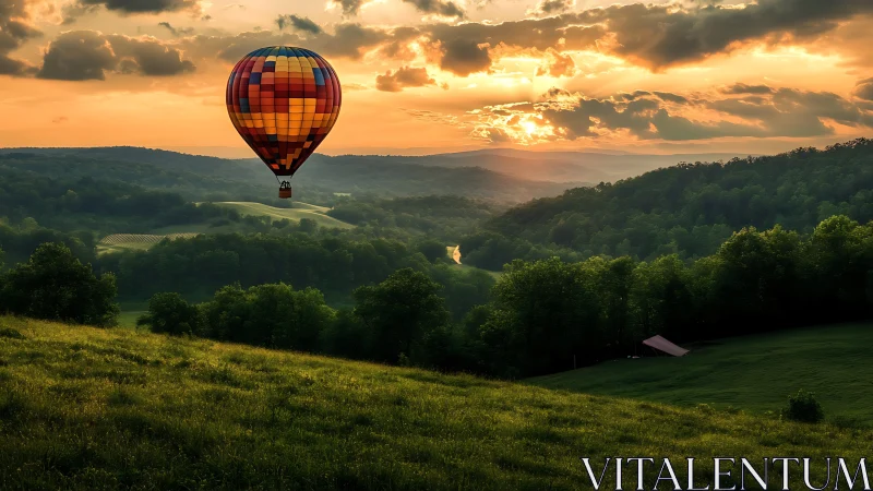 Sunlit hot air balloon drifting over rolling green hills.