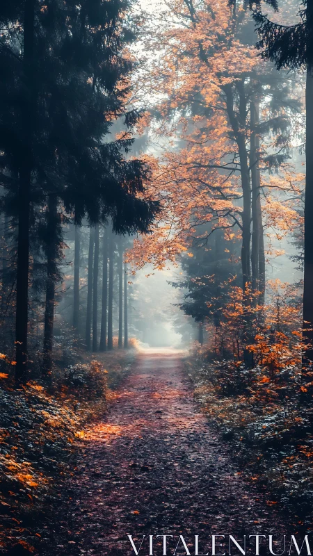 Forest pathway in autumn with atmospheric fog and bisecting light rays.