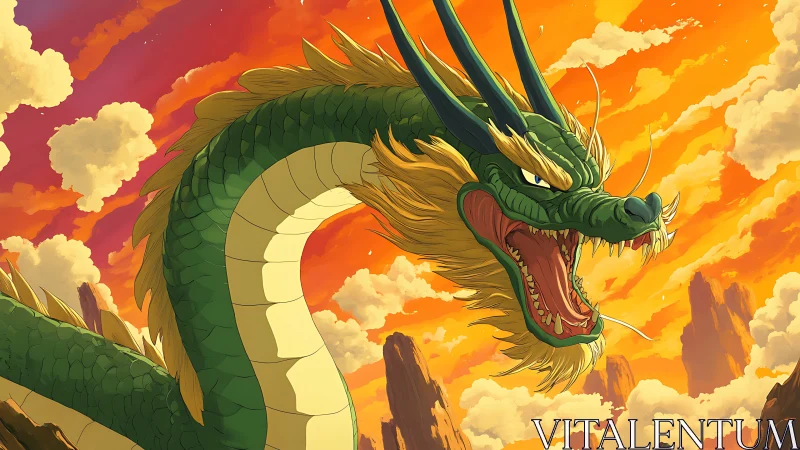 Green serpentine dragon roars against vivid orange sky.