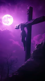 Crucifix silhouette under violet moonlit storm sky