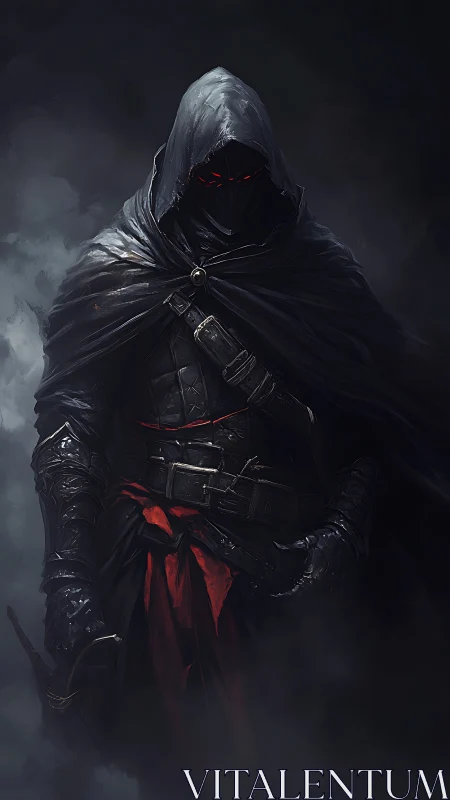 Hooded dark assassin rendered with high-contrast chiaroscuro lighting