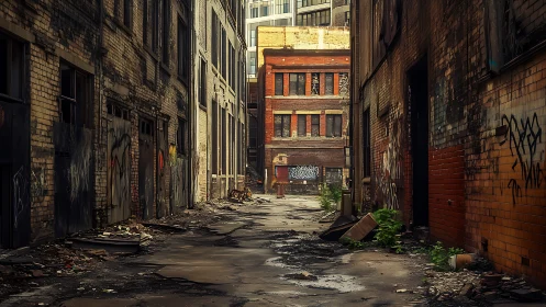 Rust-brick alleyway dreaming in ruin and late city light.