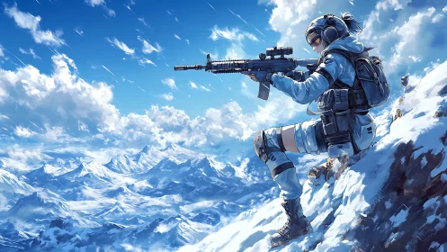Soldier in tactical gear aiming rifle on snowy mountain peak.