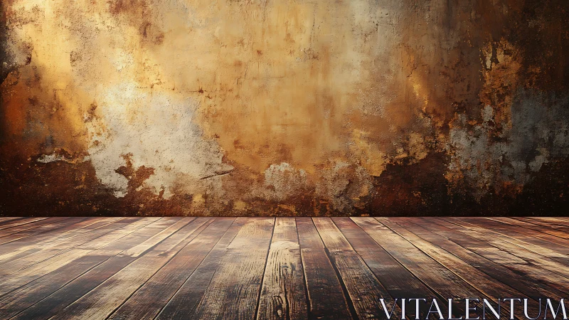 Rustic wooden floor with distressed golden plaster wall backdrop.