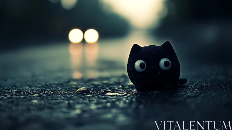 Toy cat on wet road under blurred headlights at dusk.
