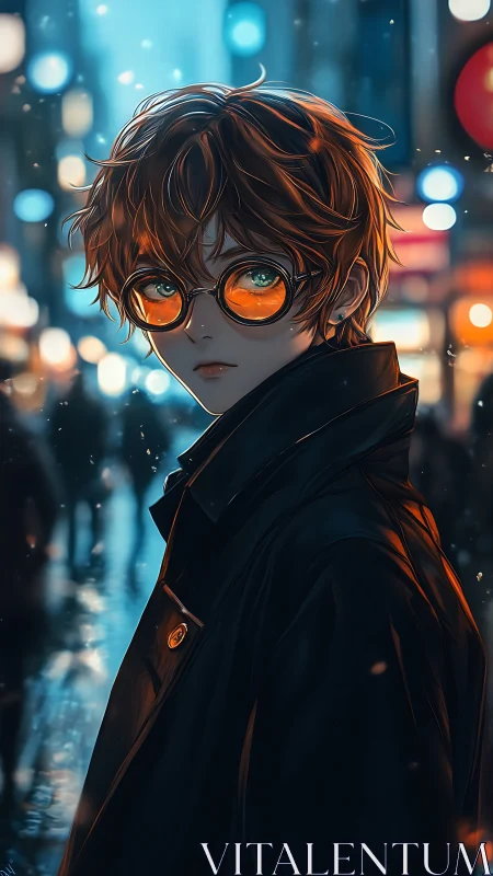 Urban dusk wanderer with glowing orange glasses portrait.