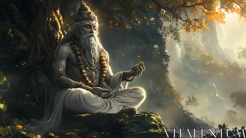 Serene forest sage in meditation beside misty waterfalls.