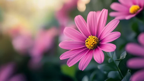 Pink daisy-type flower with yellow center in shallow depth field