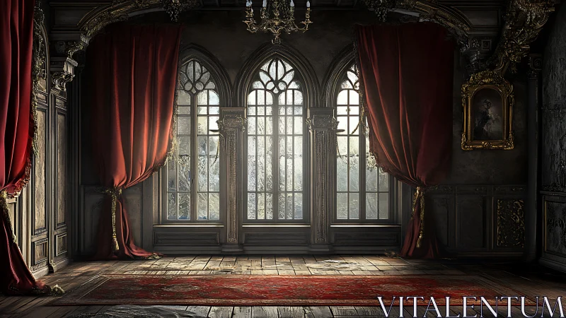 Baroque salon interior captures dramatic window light and decay