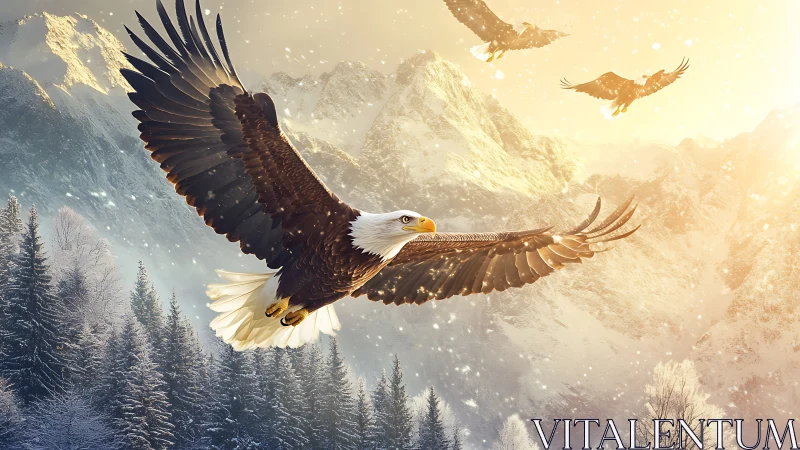 Majestic bald eagle soaring over snowy mountain landscape, digital art.