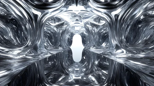 Futuristic Metallic Tunnel with Abstract Organic Forms in 3D.