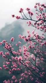 Pink flowering branches with misty mountain background