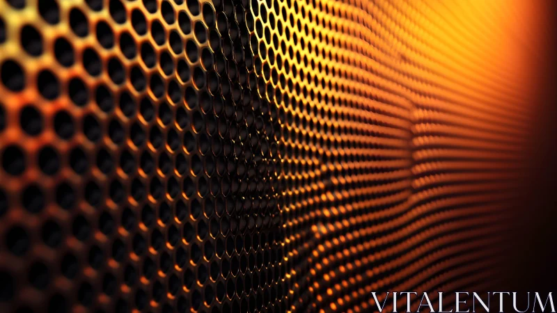 Abstract close-up of perforated metal surface in warm lighting.