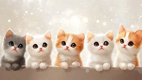 Five stylized kittens in linear arrangement against neutral background.