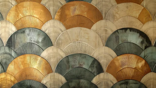 Art Deco fan pattern wall art with gold, teal, and cream tones.