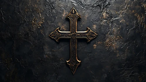 Weathered golden cross resting on dark stone wall.