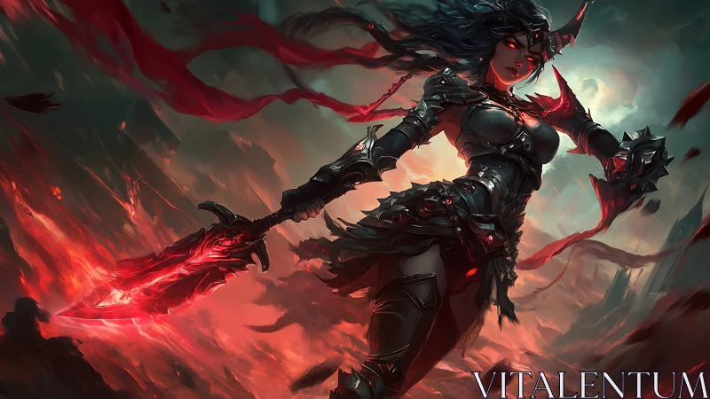 Demon queen warrior with flaming blade in storm sky.