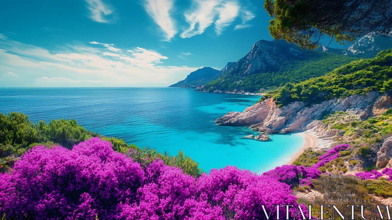 Vibrant turquoise bay with fuchsia coastal flora and cliffs.