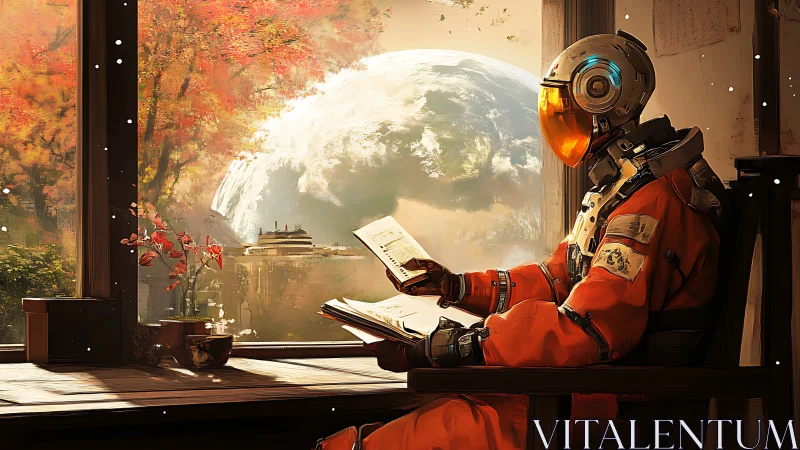 Contemplative astronaut reading by panoramic exoplanet window.